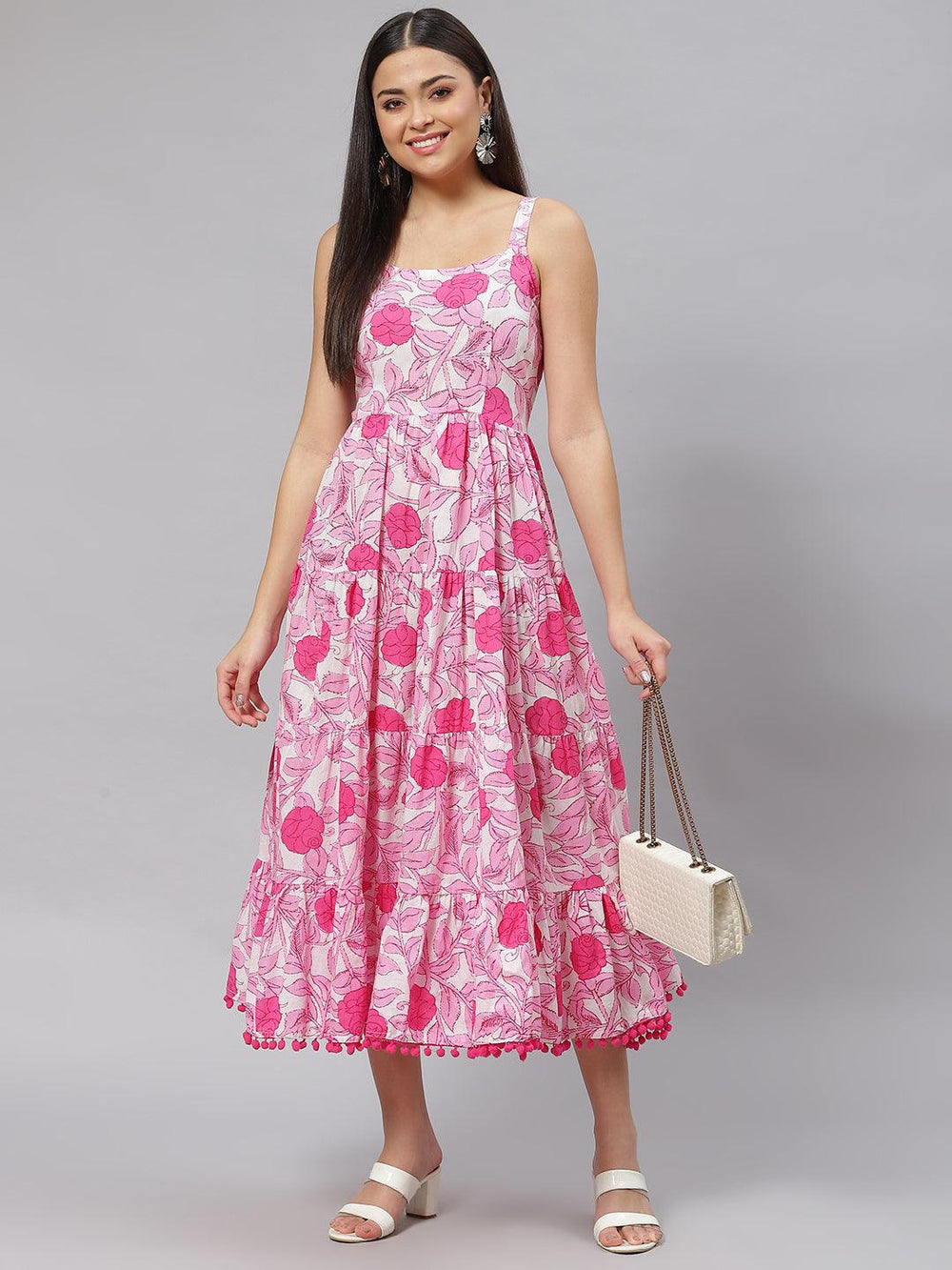 White-&-Pink-Pure-Cotton-Floral-Shoulder-Strip-Long-Dress