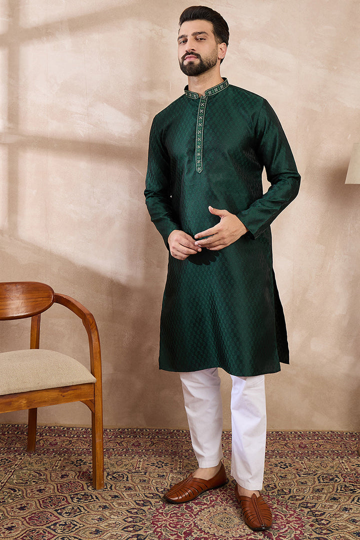 Mens Green Silk Blend Solid Woven Design Straight Kurta