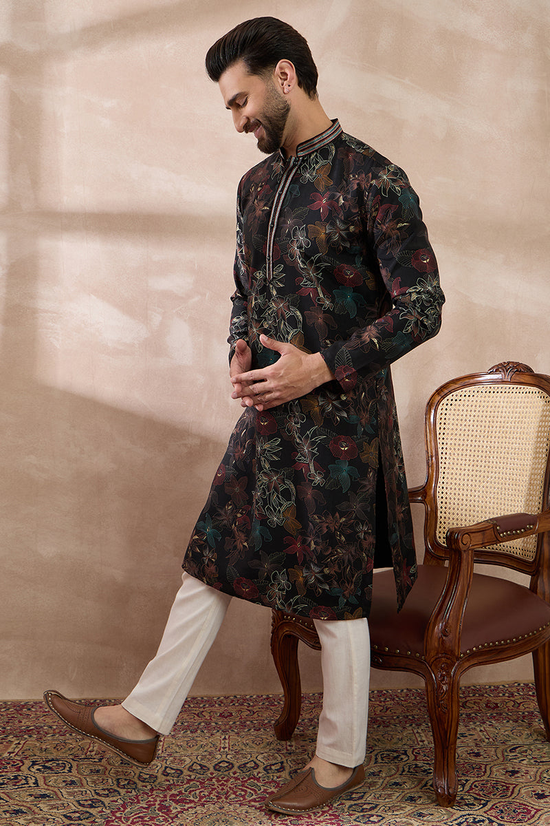 Mens Black Silk Blend Printed Mandarin Collar Straight Kurta