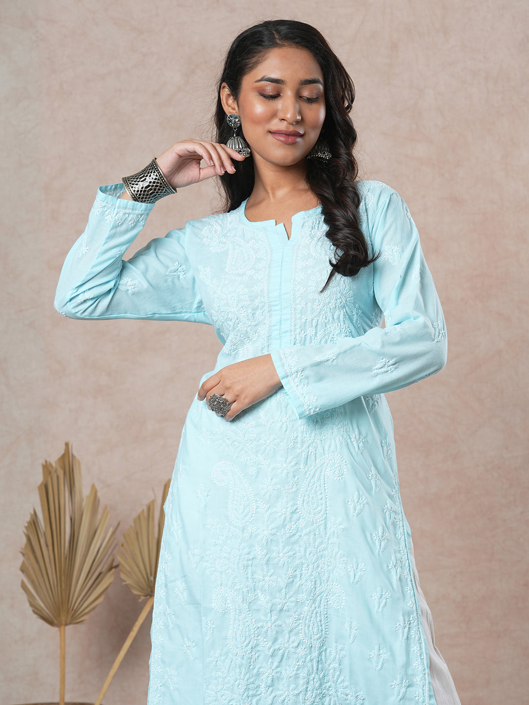 Hand Embroidered Lucknowi Chikankari sky Blue & White Cotton Kurta