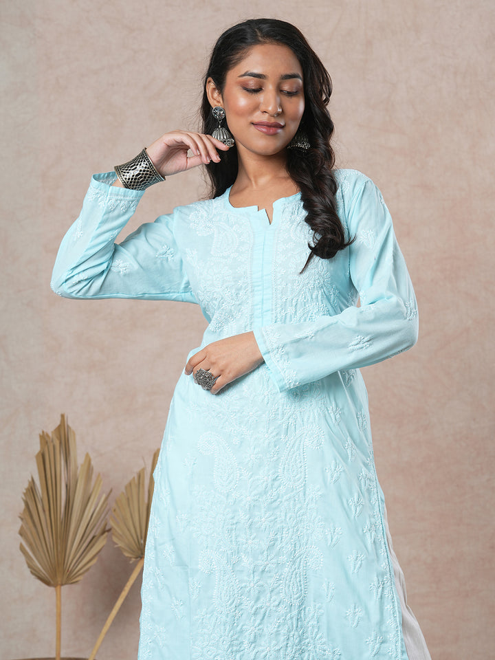 Hand Embroidered Lucknowi Chikankari sky Blue & White Cotton Kurta