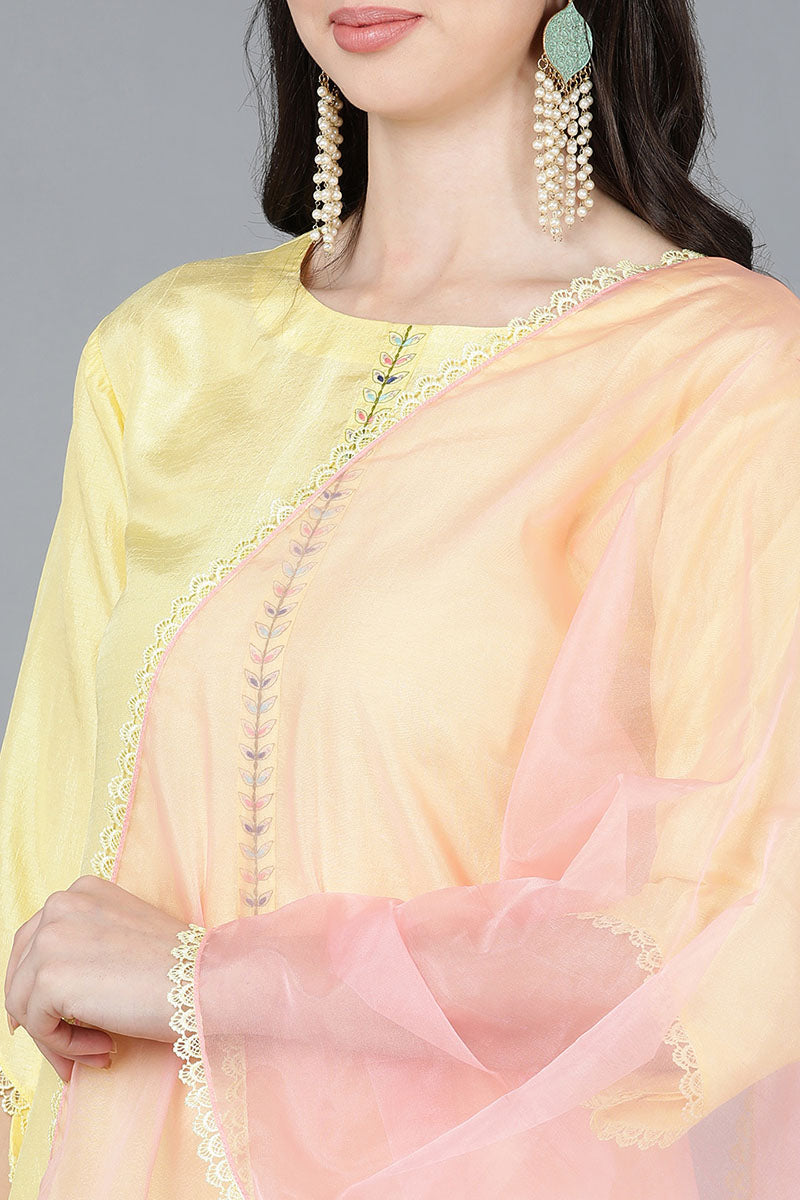 Yellow-Poly-Silk-Straight-3-Piece-Kurta-Set