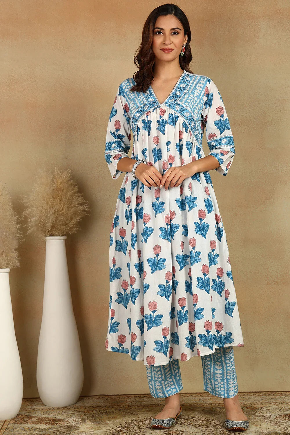 White-&-Blue-Cotton-Hand-Block-Printed-A-Line-Kurta