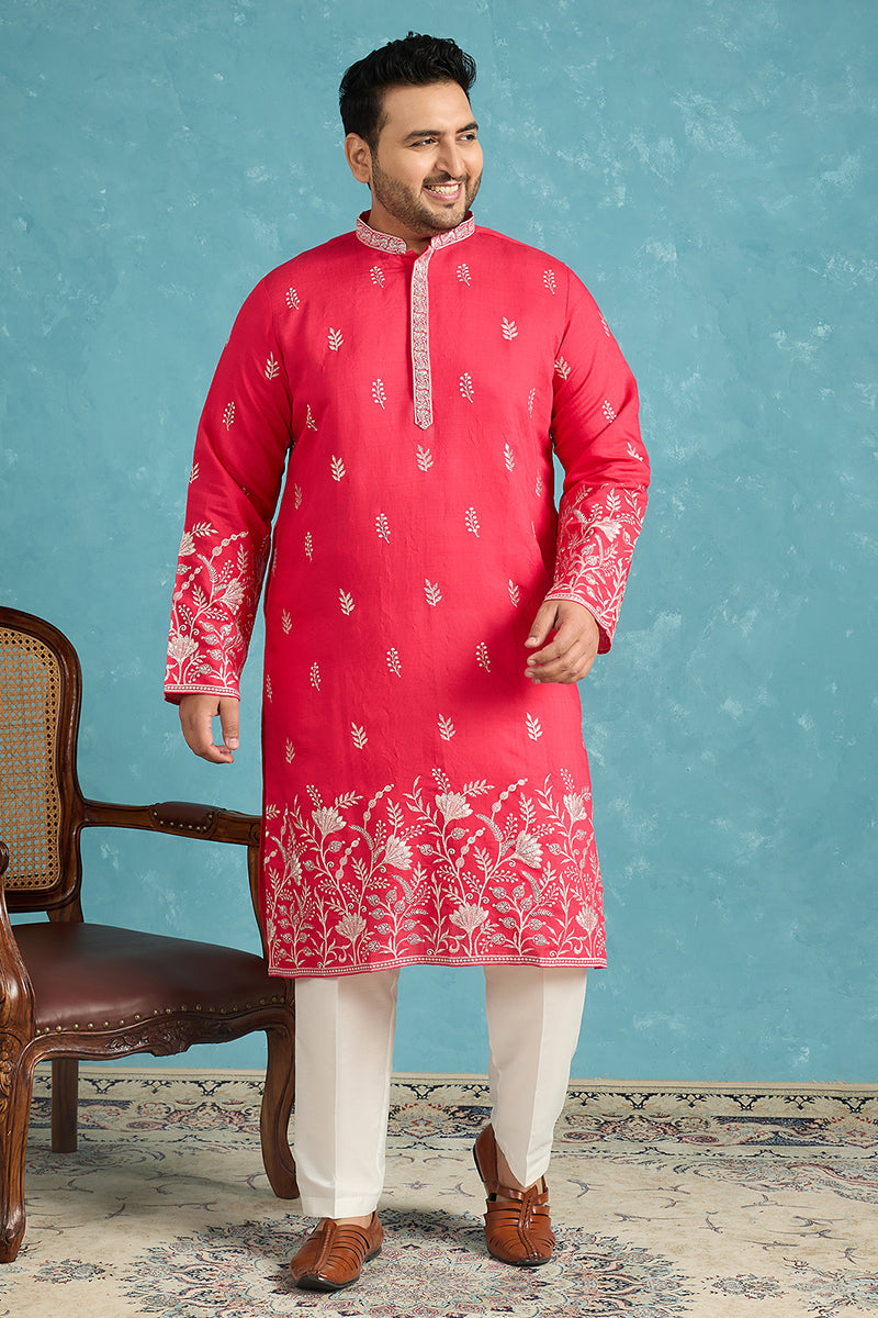 Mens Pink Silk Blend Solid Thread Work Embroidered Kurta