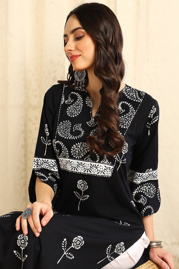 Black-Cotton-Straight-Bagru-Kurta