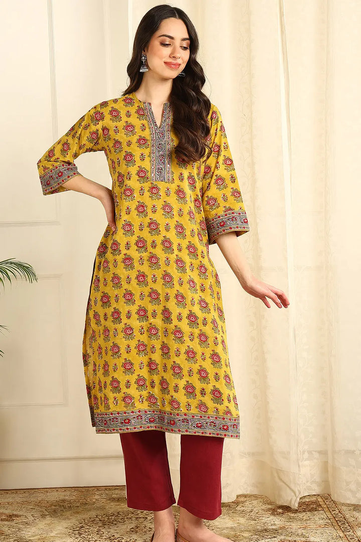 Mustard-Yellow-Cotton-Straight-Sanganeri-Kurta