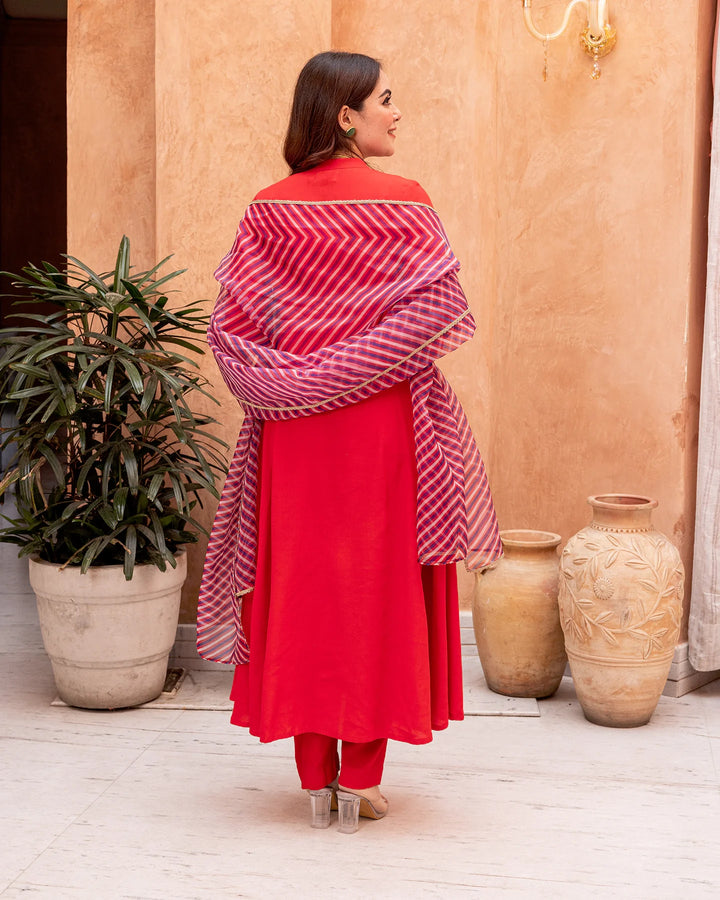 Red-Rayon-Stripe-Print-&-Gota-Gathered-3-Piece-Kurta-Set