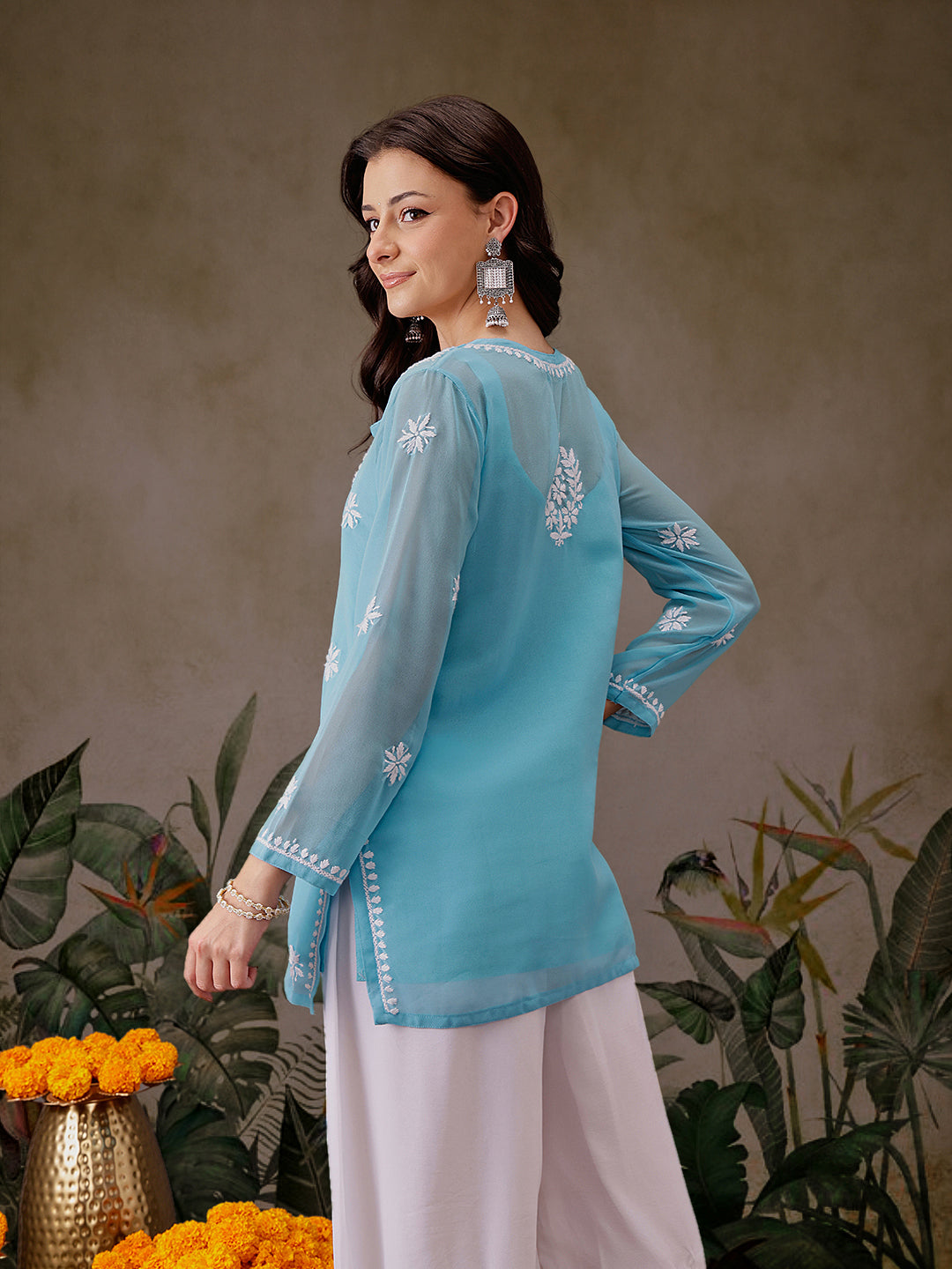 Sky Blue Poly Georgette Boho Tunic with Slip