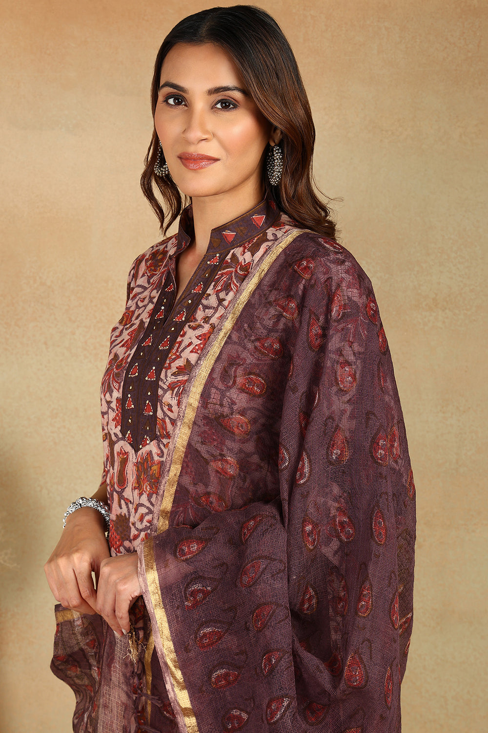 Maroon-&-Brown-Kota-Doria-Printed-Dupatta