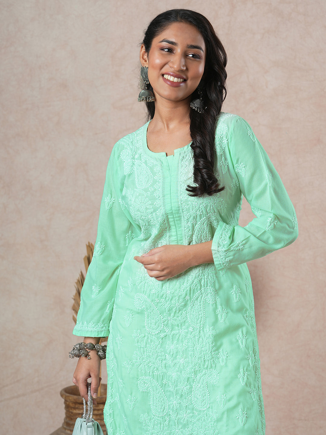 Hand Embroidered Lucknowi Chikankari Green & White Cotton Kurta