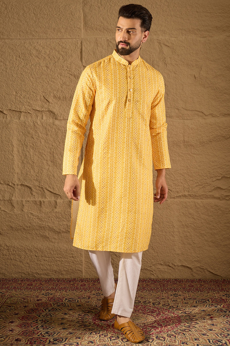 Mens Yellow Silk Blend Geometric Embroidered Straight Kurta with Trouser