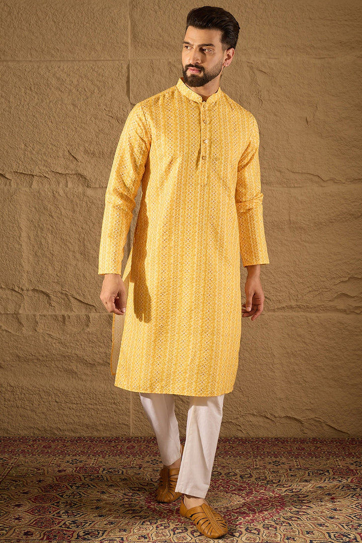 Mens Yellow Silk Blend Geometric Embroidered Straight Kurta with Trouser