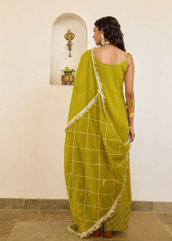 Mehndi-Green-Mulmul-Strappy-Kurta-With-Farshi-Shalwar-Set