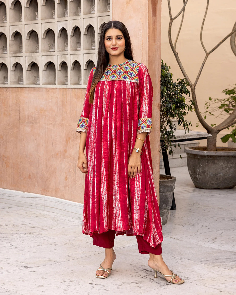 Red-Muslin-Tie-Dye-Gathered-2-Piece-Kurta-Set
