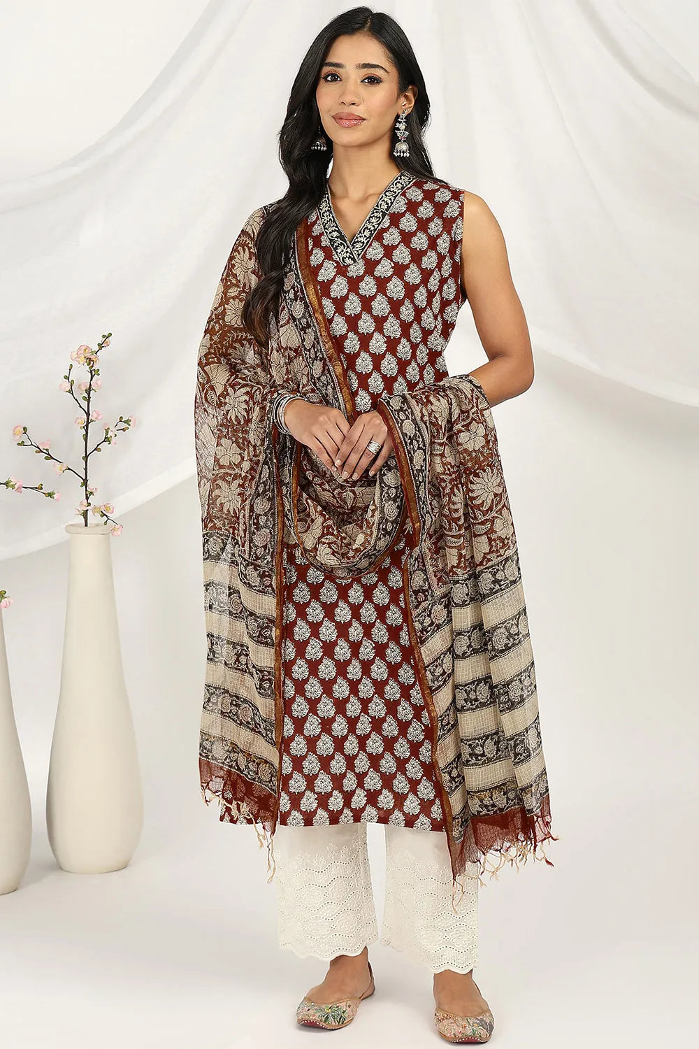 Maroon-Kota-Doria-Sanganeri-Printed-Dupatta-Only