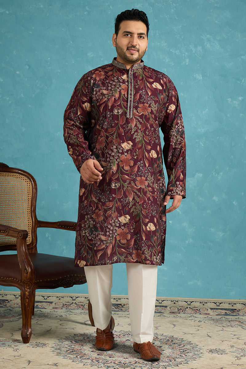 Mens Purple Silk Blend Floral Printed Kurta