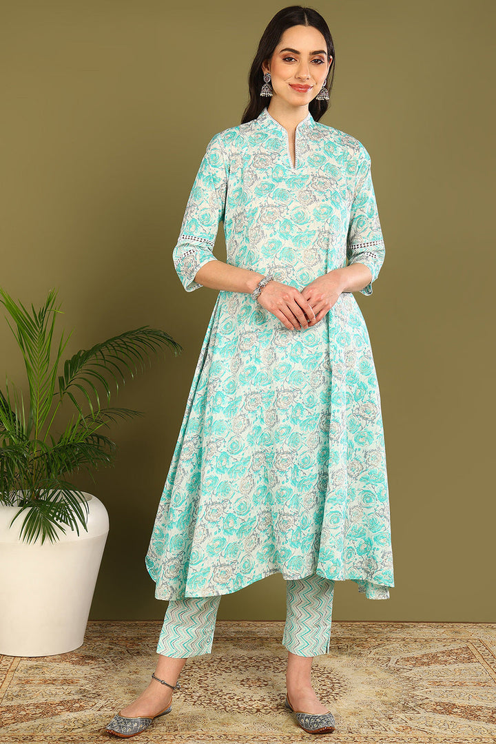 Green-Cotton-Printed-A-Line-Sanganeri-Kurta