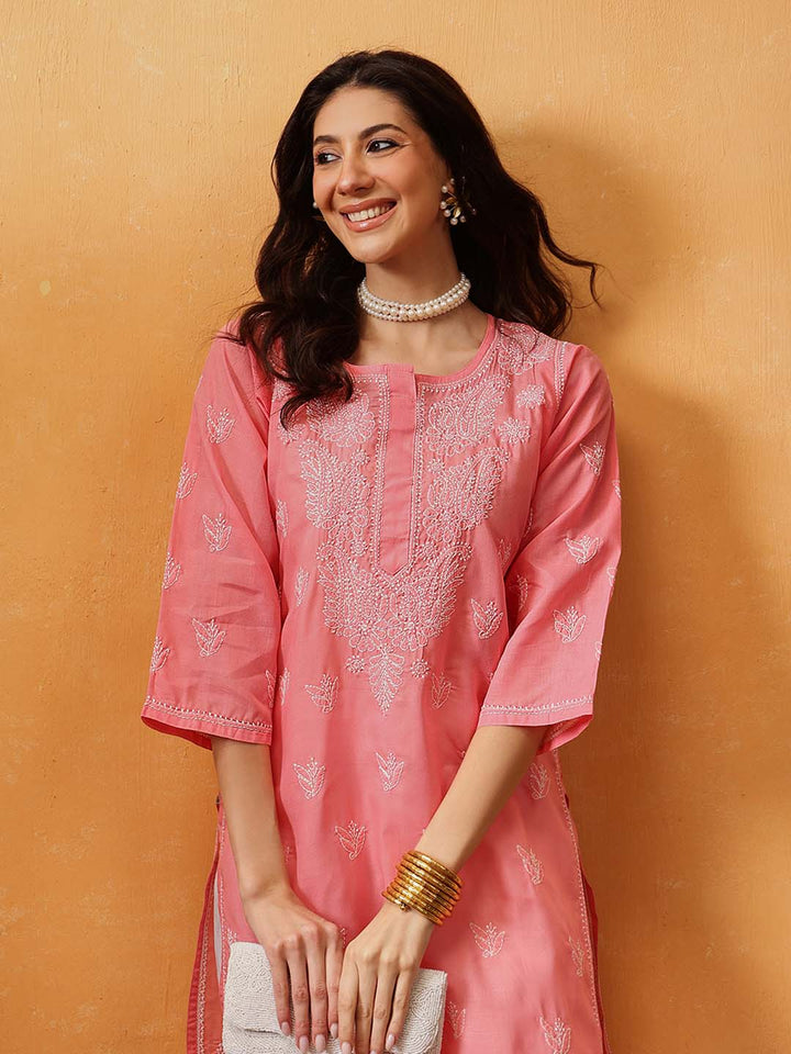 Hand Embroidered Peach Chikankari Kurta