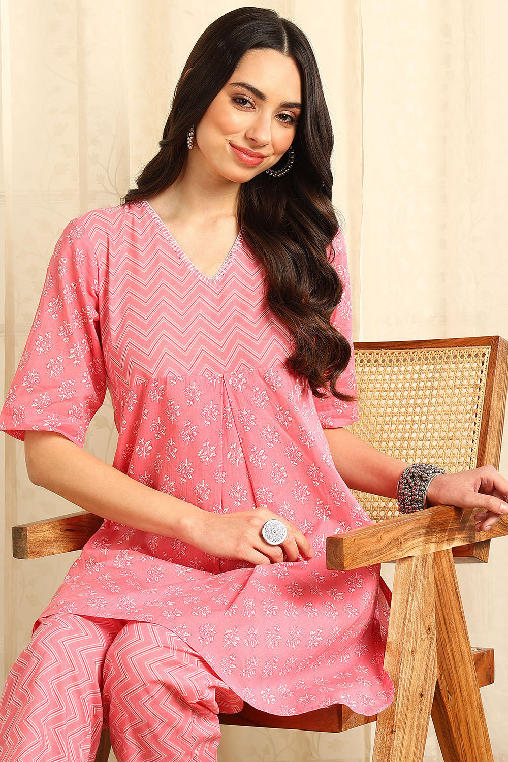 Pink-Cotton-V-Neck-Co-Ord-Set