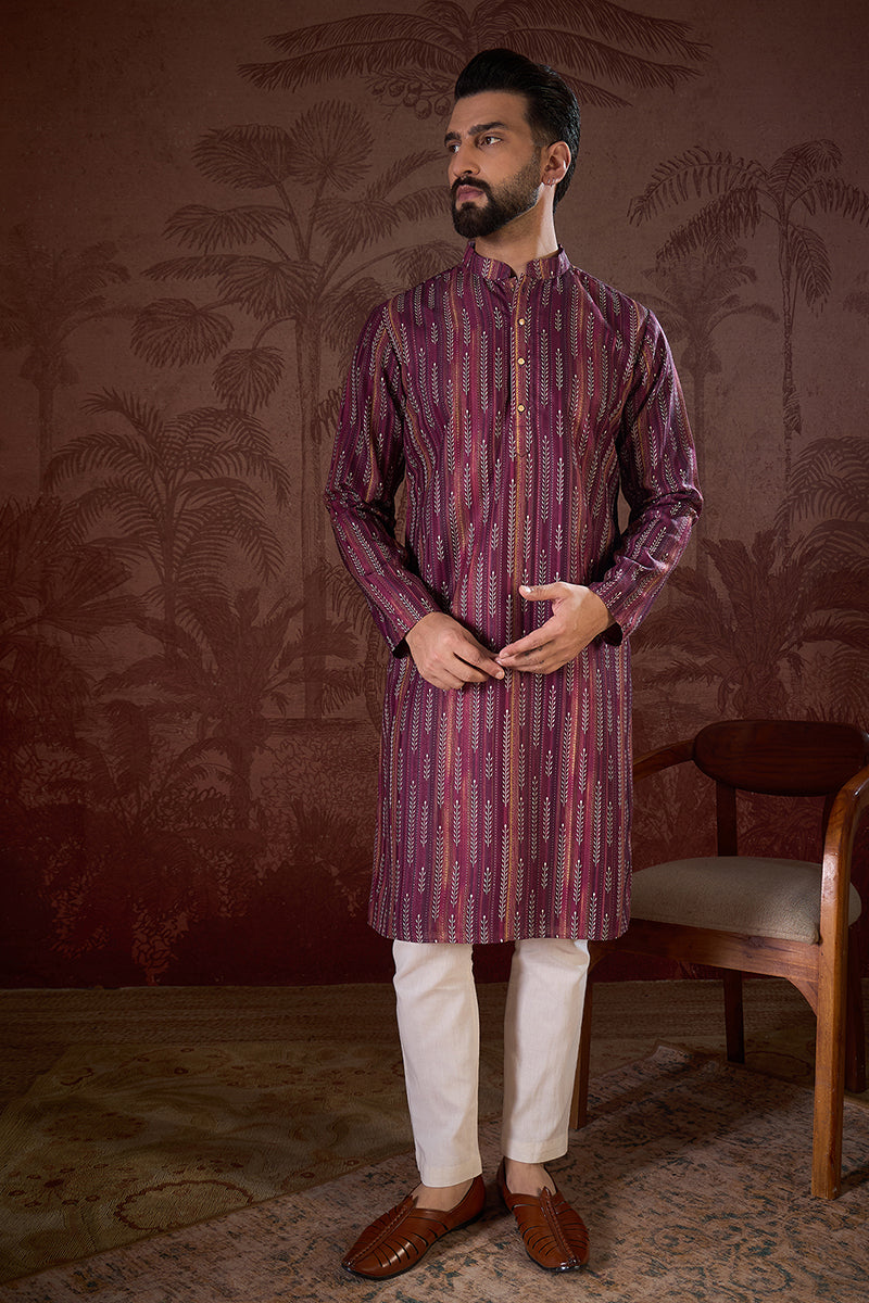 Mens Purple Silk Blend Striped Printed Straight Kurta