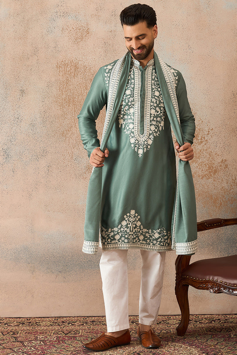 Mens Green Silk Blend Solid Embroidered Kurta With Dupatta