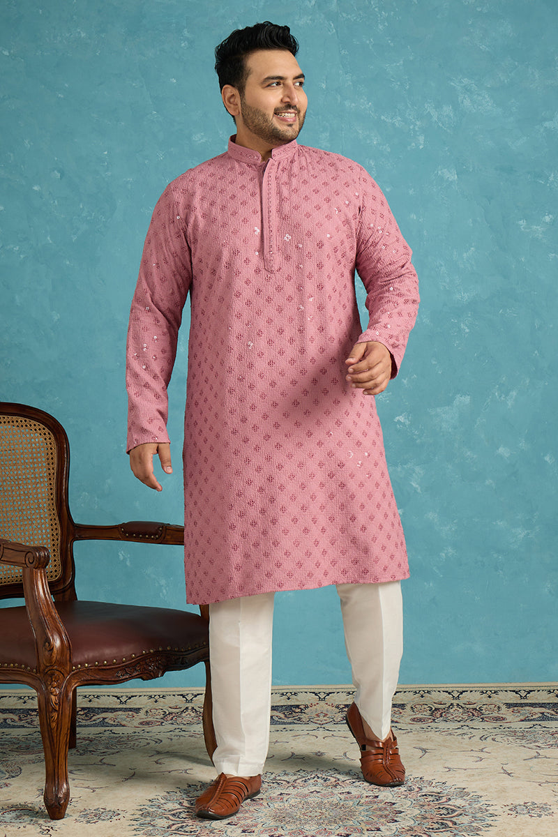 Mens Mauve Viscose Rayon Solid Chikankari Embroidered Kurta