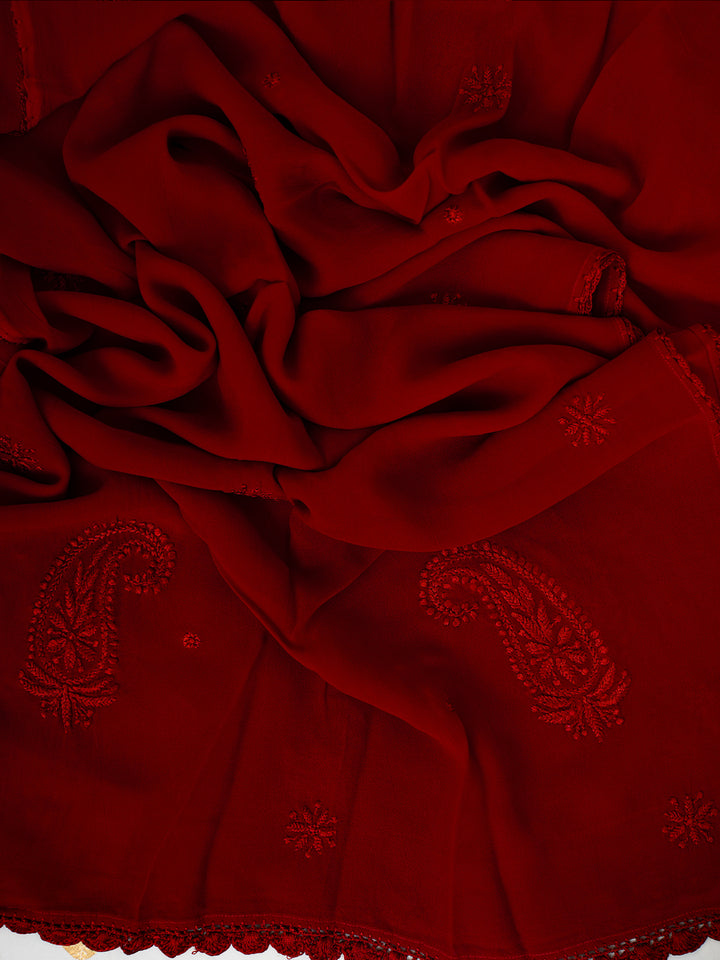 Red Poly Georgette Floral Chikankari Handloom Dupatta