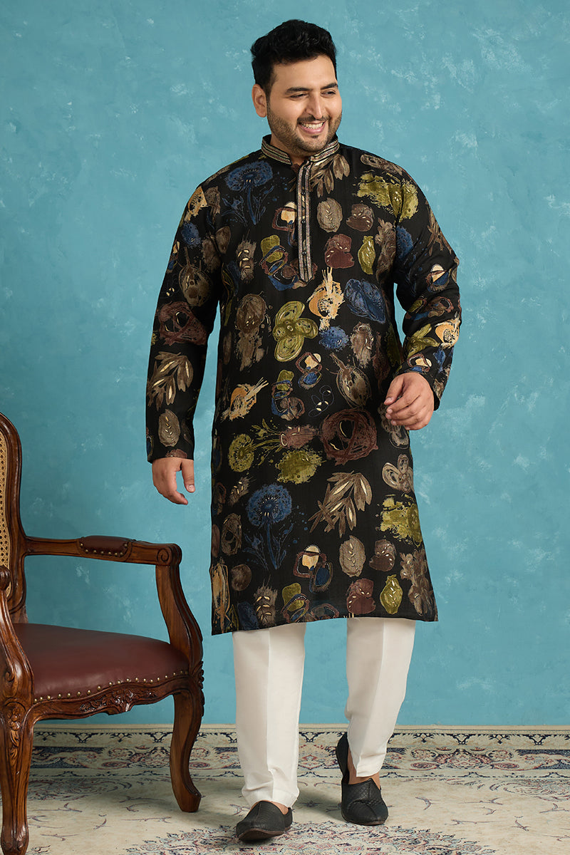 Mens Black Silk Blend Abstract Printed Kurta