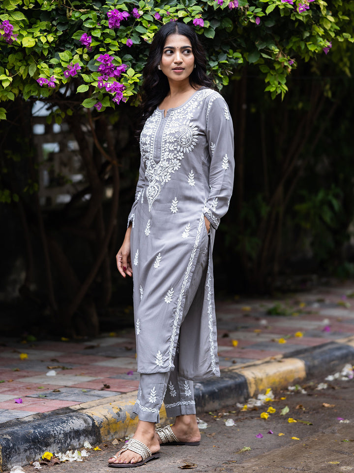 Grey Rayon Chikankari Motif 2-Piece Kurta Set