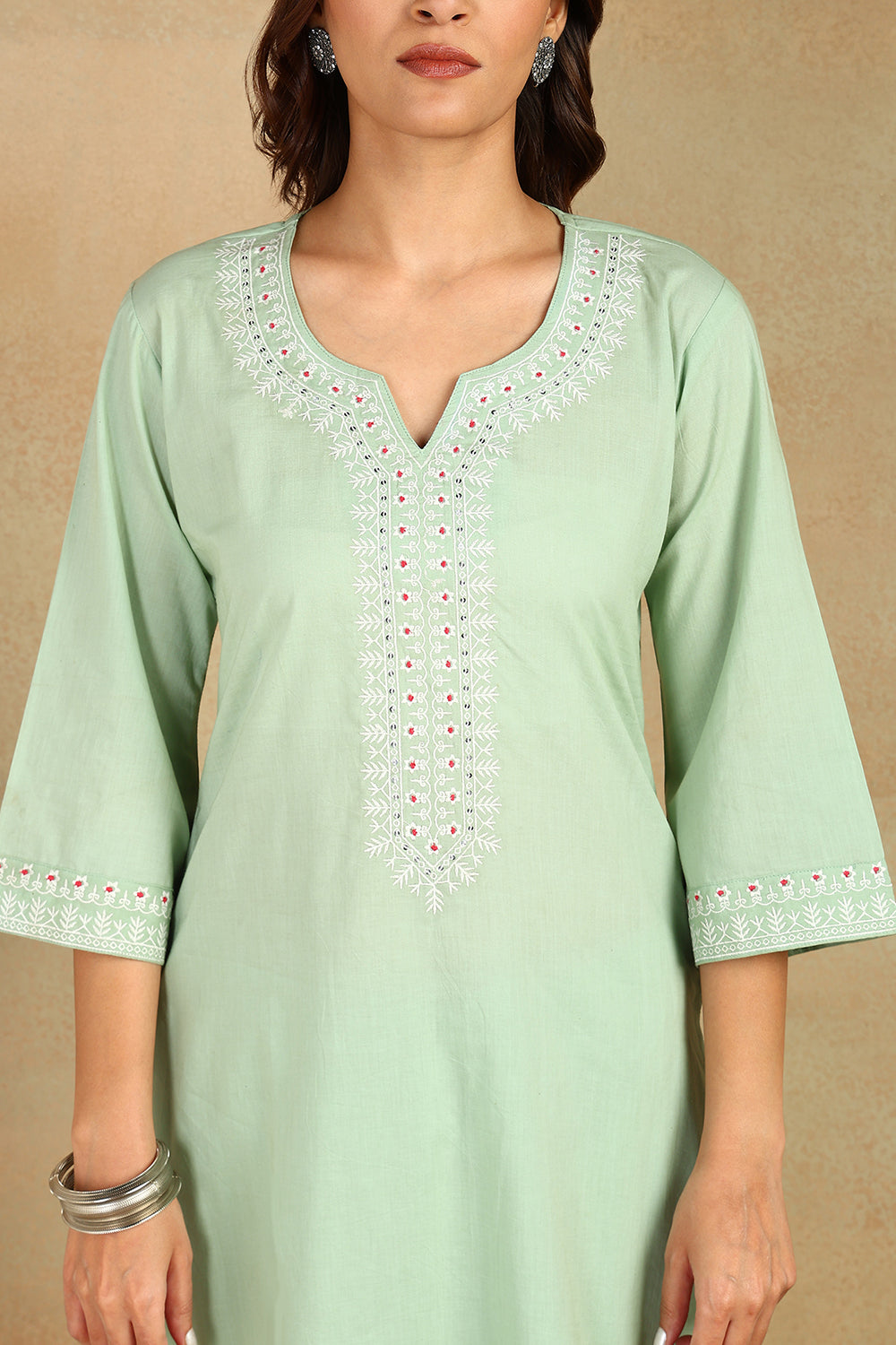 Green-Cotton-Embroidered-Short-Kurta