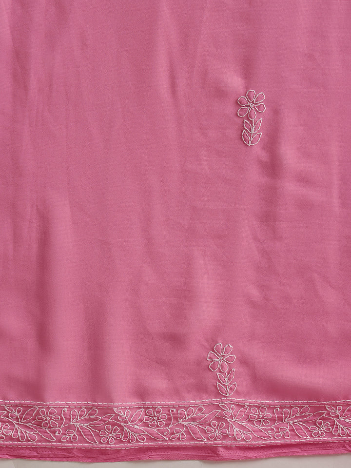 PInk & White Georgette Hand Embroidered Chikankari Saree