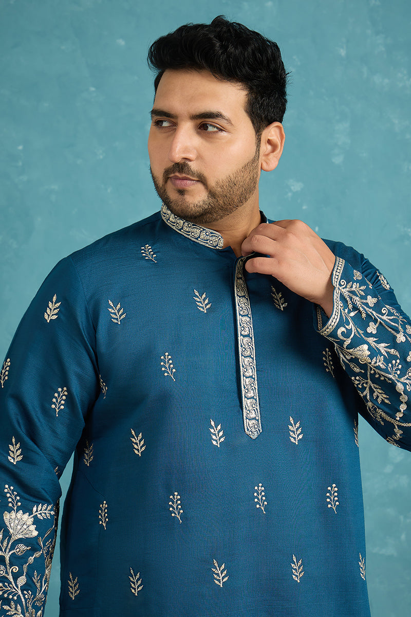 Mens Blue Silk Blend Solid Thread Work Embroidered Kurta