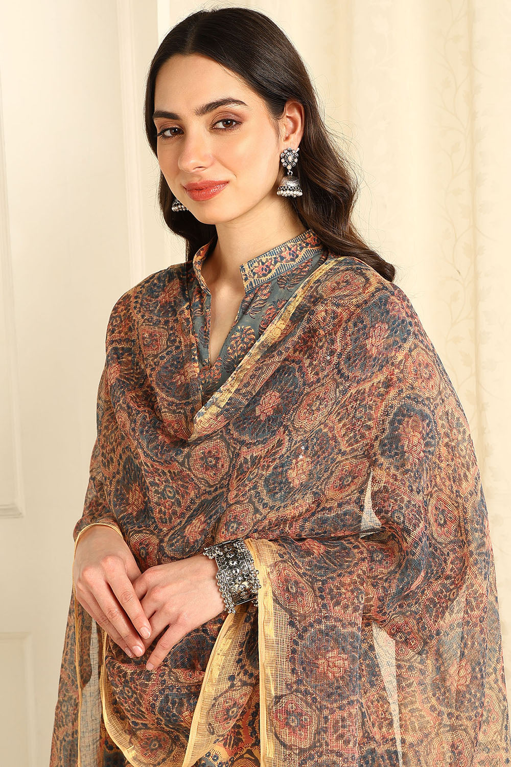 Powder-Blue-&-Beige-Kota-Doria-Printed-Dupatta