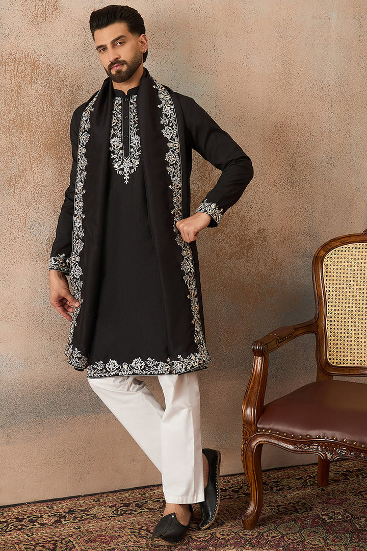 Mens Black Silk Blend Solid Embroidered Kurta With Dupatta