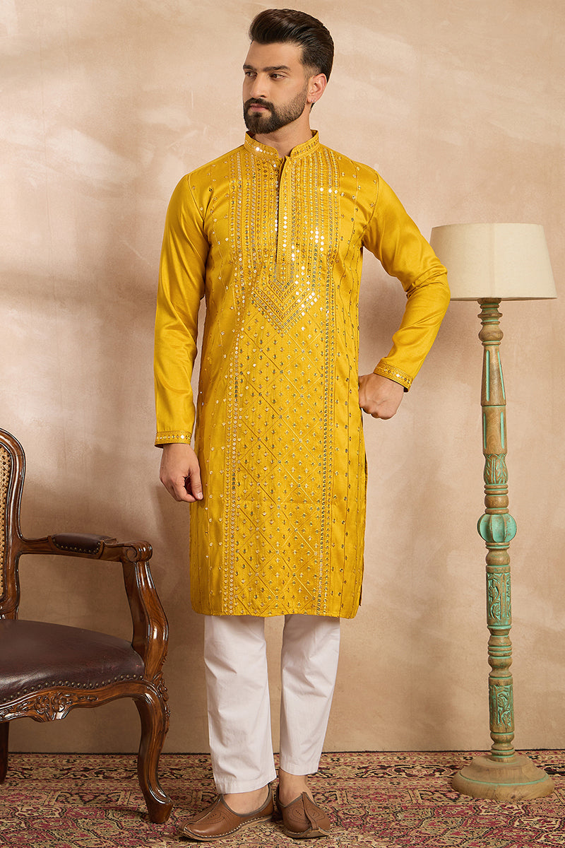 Mens Yellow Silk Blend Geometric Embroidered Straight Kurta