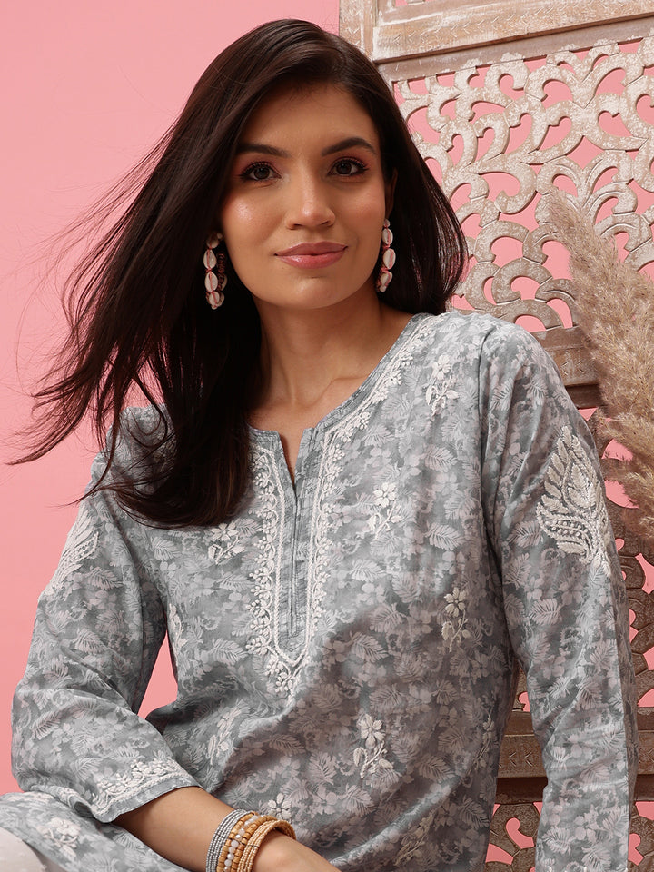 Grey Cotton Lucknowi Chikankari Kurti