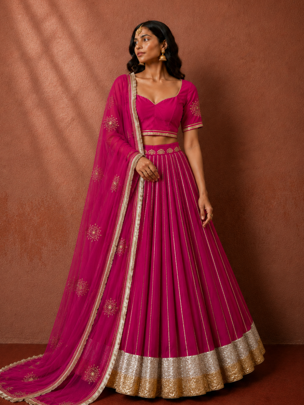Wine Silk Sleeved Blouse Lehenga Set