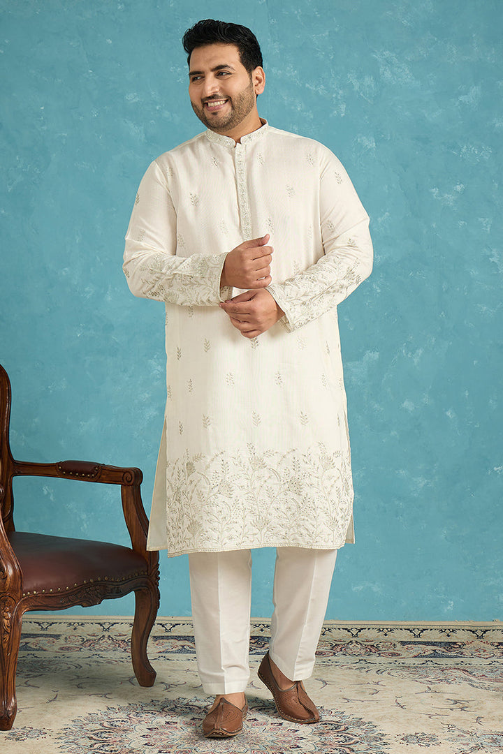 Mens White Silk Blend Floral Thread Work Embroidered Kurta