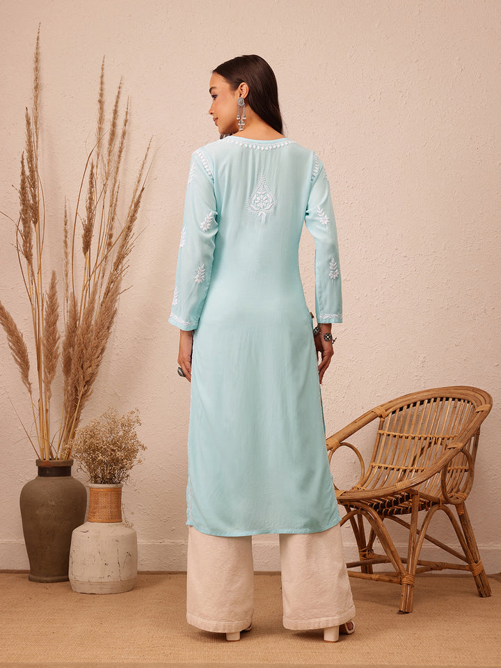 Sky Blue Rayon Chikankari Motif Straight Kurta