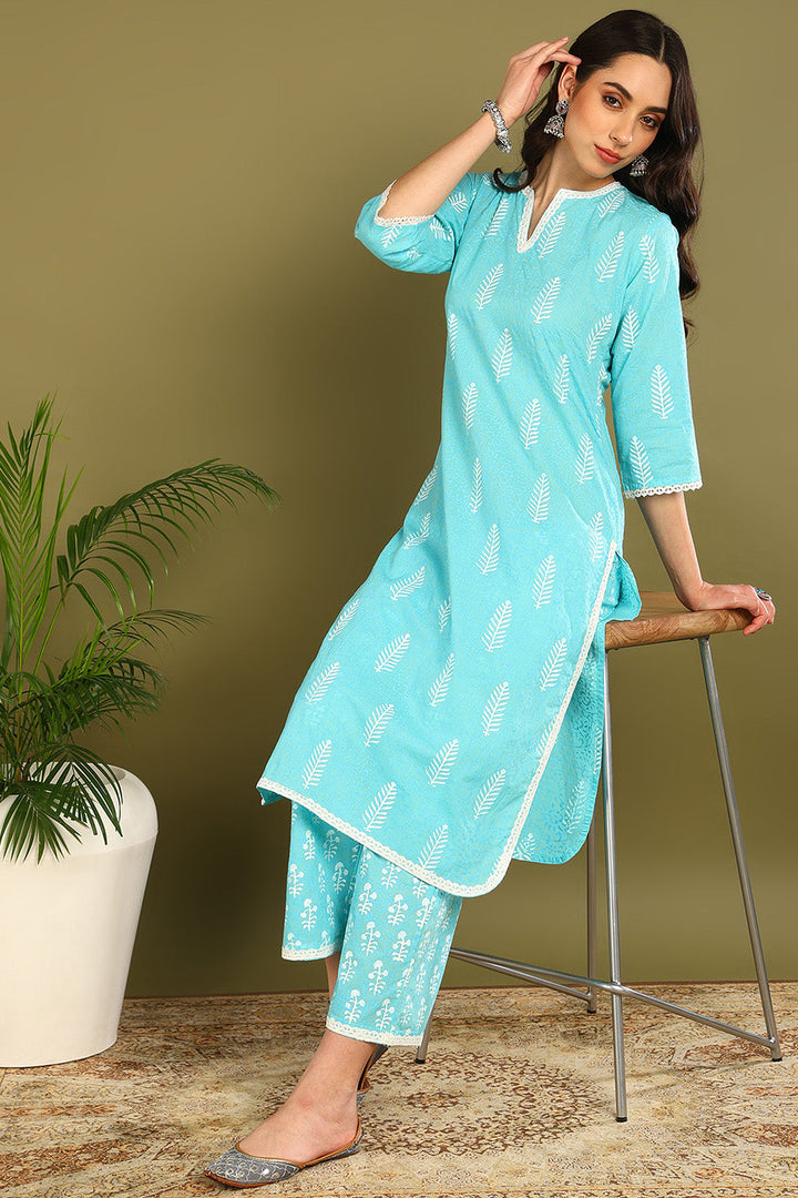 Blue-Cotton-Khari-Hand-Block-Print-2-Piece-Kurta-Set