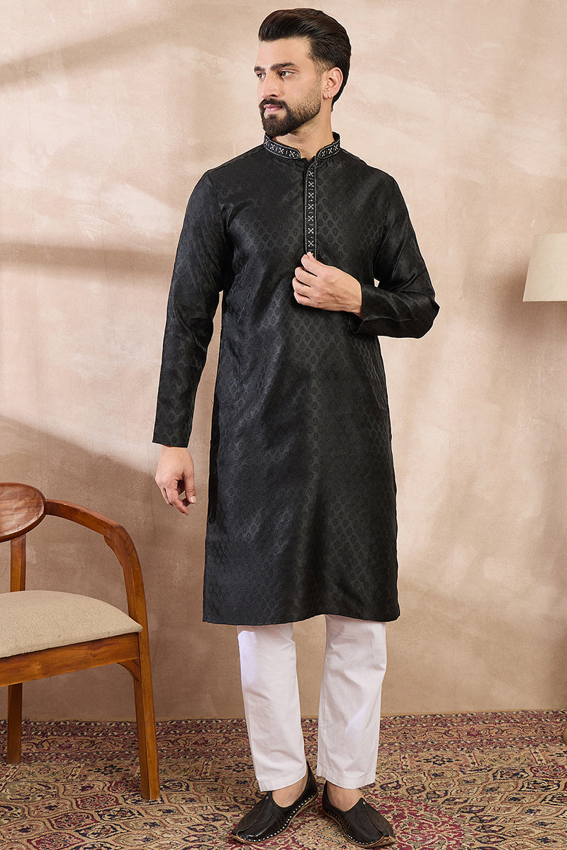 Mens Black Silk Blend Solid Woven Design Straight Kurta