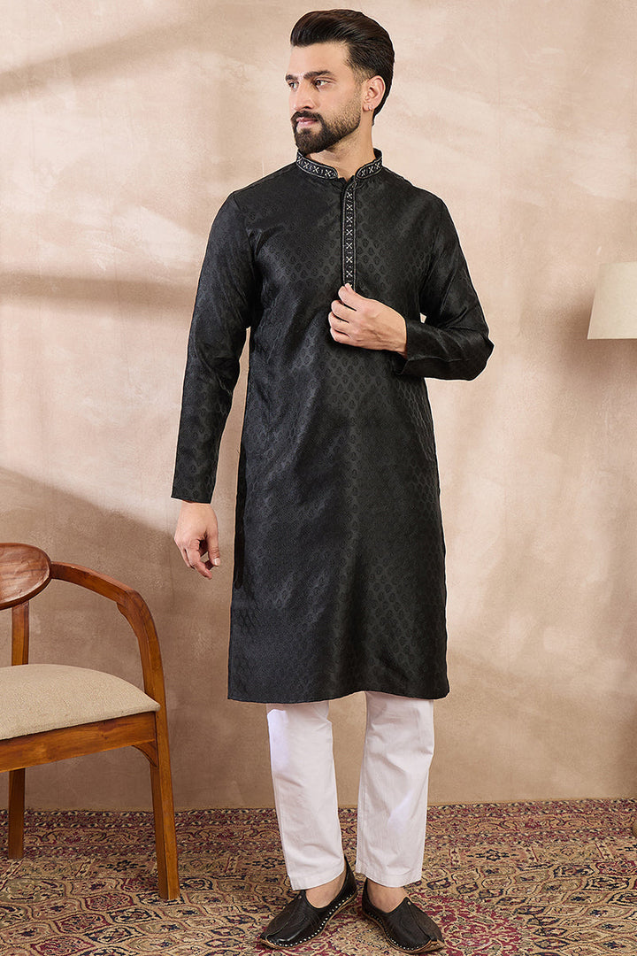 Mens Black Silk Blend Solid Woven Design Straight Kurta