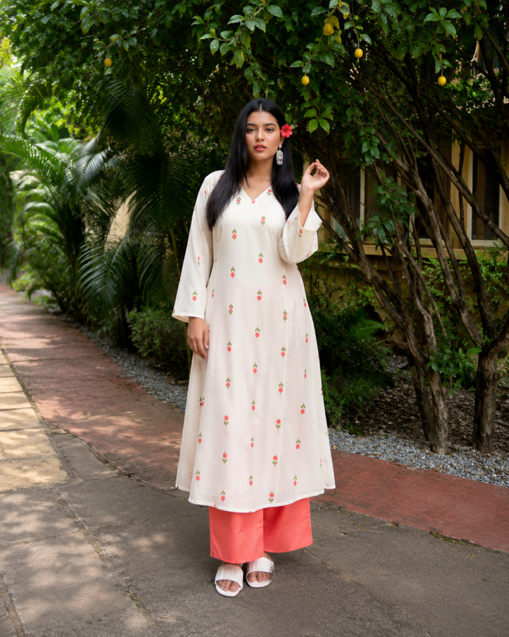Women Floral Printed Kurta & Coral Palazzo Set