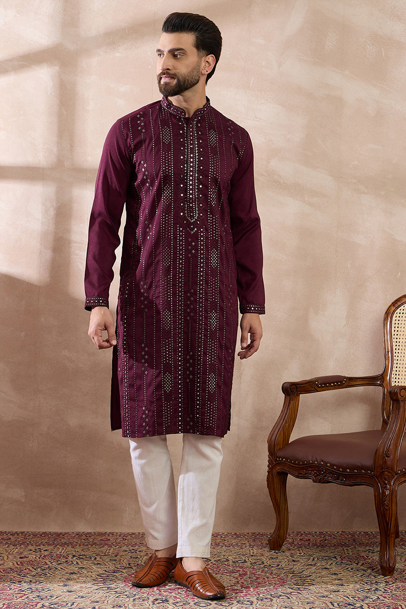Mens Purple Silk Blend Embroidered Mandarin Collar Straight Kurta With Trouser