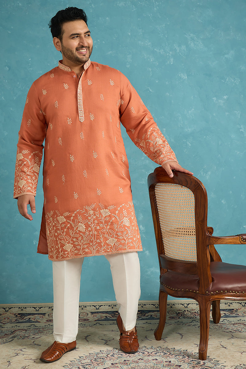 Mens Peach Silk Blend Solid Thread Work Embroidered Kurta