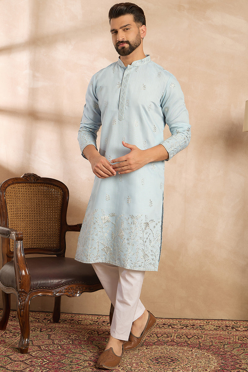 Mens Blue Silk Blend Solid Embroidered Straight Kurta