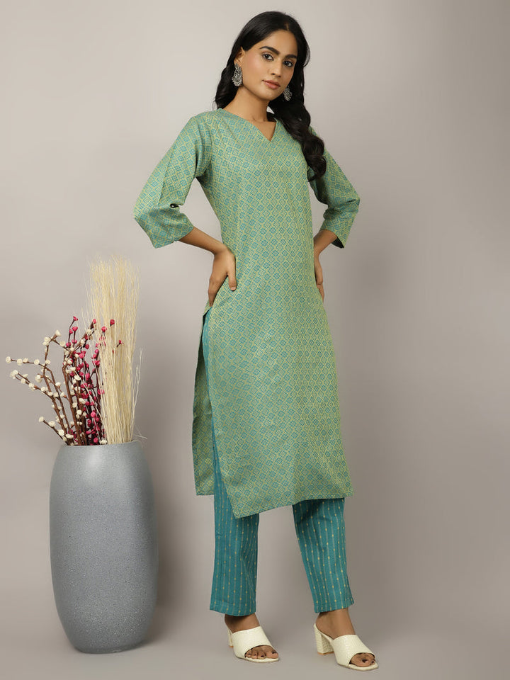 Sea-Green-Cotton-Blend-Self-Design-Festive-3-Piece-Kurta-Set