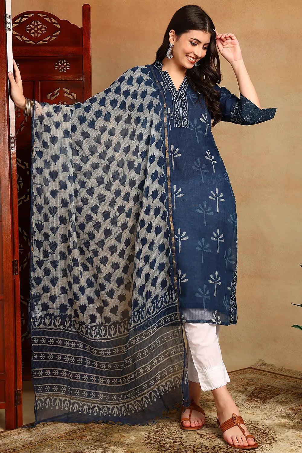 Indigo-Blue-Kota-Doria-Hand-Block-Printed-Kurta