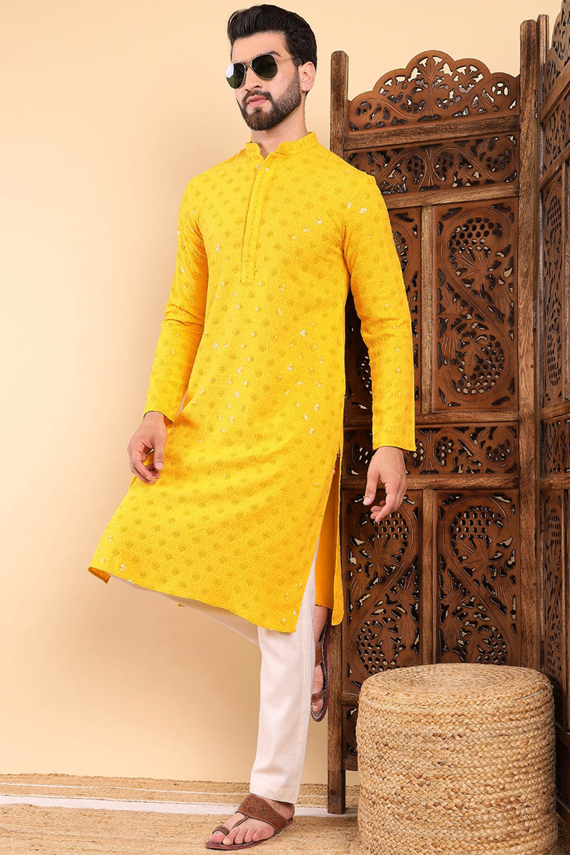 Mens Yellow Viscose Rayon Solid Embroidered Straight Kurta