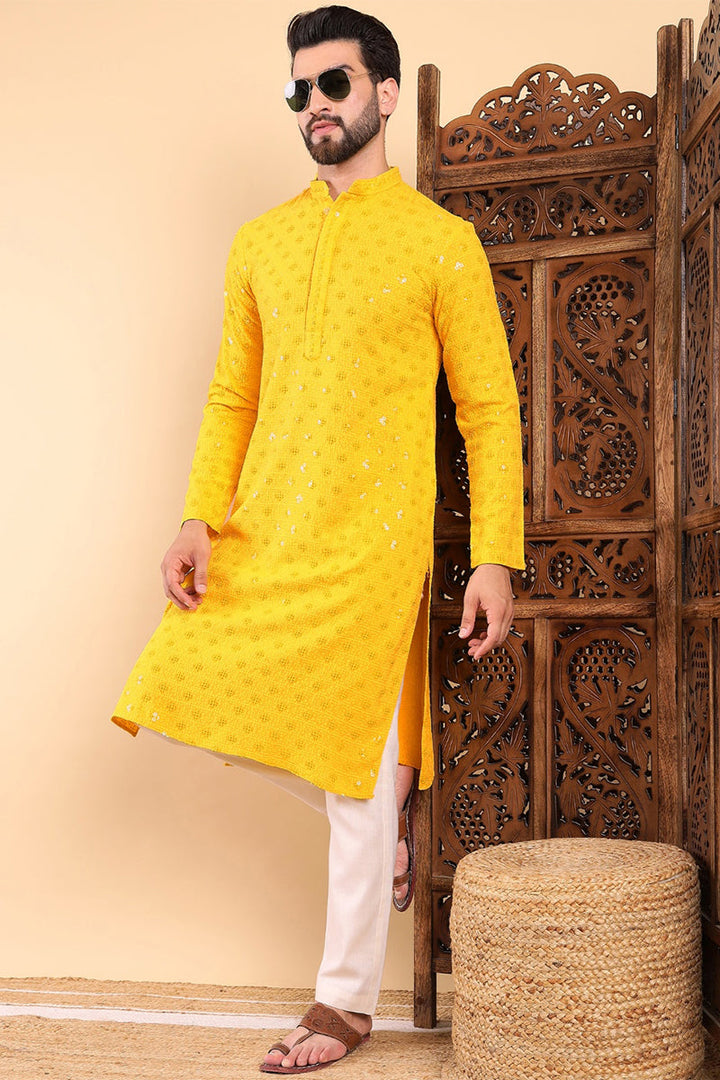 Mens Yellow Viscose Rayon Solid Embroidered Straight Kurta